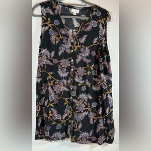 J Jill Medium top Black floral womens button up blouse flowers coastal